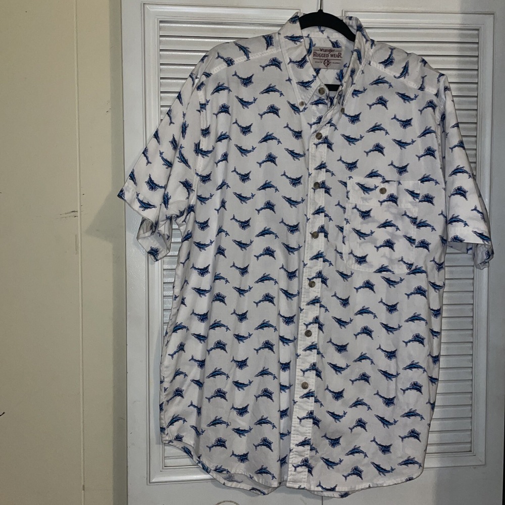 XL Short Sleeve Wrangler Rugged Wear Fish/Marlin/Hawaiian Shirt White/blue